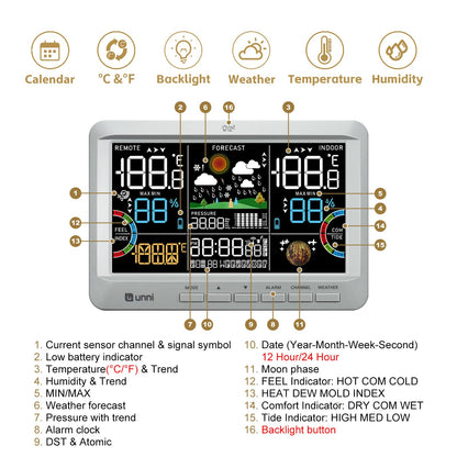 Weather Station Indoor Outdoor Thermometer Wireless, Home Atomic Clock with Large Constant Display, Inside Outside Temperature Humidity Monitor, Dew Heat Point, Barometer Grey