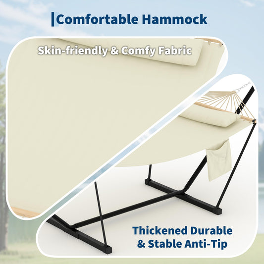 Garvee Double Hammock with Stand for Outdoor, Heavy Duty Portable 2 Person Hammock with Adjustable Steel Stand for Patio, Garden, Beach, Backyard