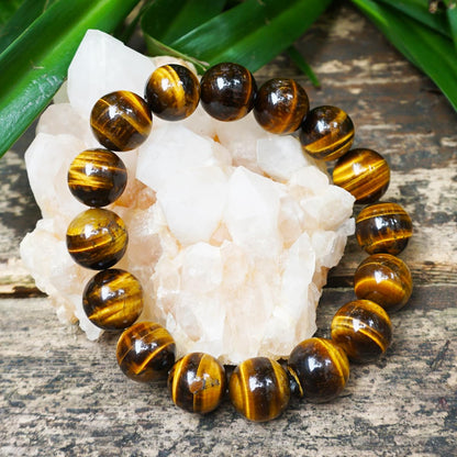 TaHLga Tigers Eye Mens Bracelet 14MM with Golden Brown Cats Eye | Fits for About 8" XLarge Wrist | Natural Solar Plexus Chakra Gemstones | Bring Luck Wealth Courage | Protection from Evil | Gift