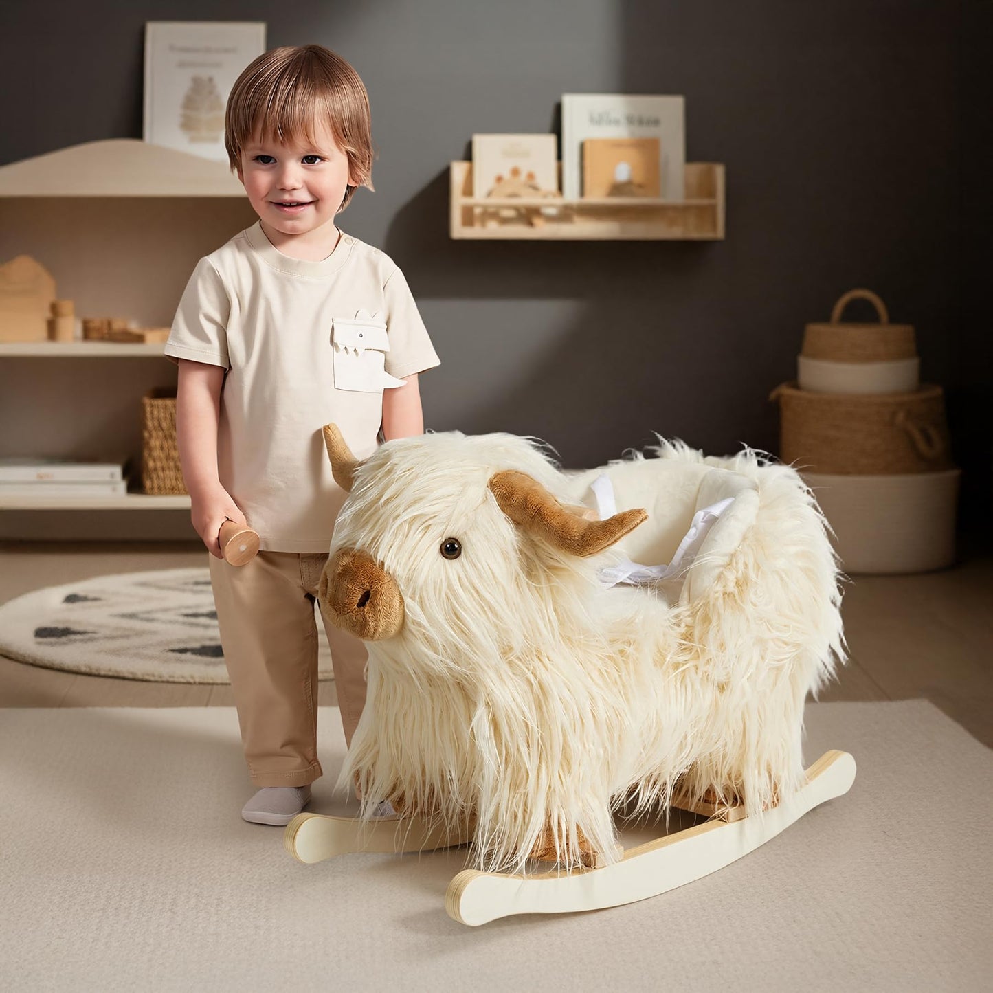 Baby Rocking Horse,Highlander Cattle Toddler Rocking Toy for 1+ Year Old Cute White Cow Stuffed Cow Rocker Toy Rocking Animal for Baby Boys and Girls Nursery/Child Christmas or Birthday Gift