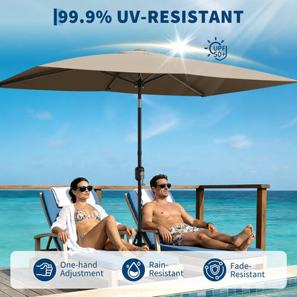 Garvee 10' x 6.5' Rectangular Patio Umbrella, Outdoor Table Umbrella with Crank and Push Button Tilt, Market Umbrella Sun Umbrella with 6 Sturdy Ribs Tilt for Garden, Deck, Lawn, Pool -Tan