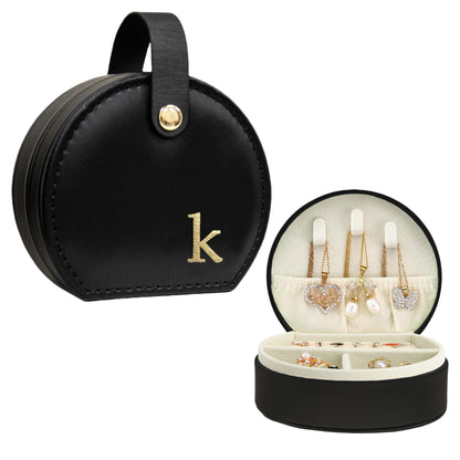 COLLECTIVE HOME - Travel Jewelry Case, Elegant Half-Moon Design with Gold Monogram, Detachable Handle, Personalized Accessory Organizer, Gift for Fashion-Forward Women and Teens, Black (k)