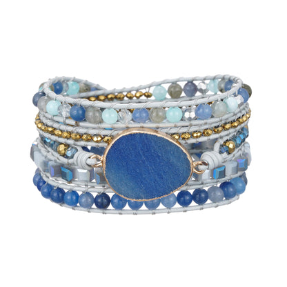 Plumiss Boho Handmade Stone Bracelet for Women Unique Healing Blue Aventurine Jasper Beaded Leather 5X Wrap Bracelets Jewelry for Women