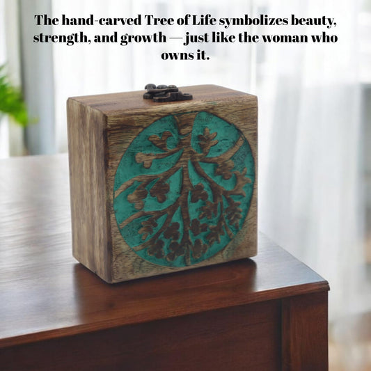 Hind Handicrafts Handmade Mango Wood Jewelry Box - Tree of Life Engraved Keepsake Storage & Organiser - Beautiful Gift Idea for Men & Women - Home Decor & Memorial Use - 4.5" x 4.5" x 2.5"