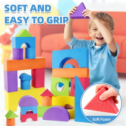 Bingyouth Large Building Foam Blocks for Toddlers, EVA Stacking Foam Building Blocks Toy Set, Non-Toxic, Washable, Early Learning Construction Toys & Gifts for Kids Boys & Girls (Blue, Pieces, 30)
