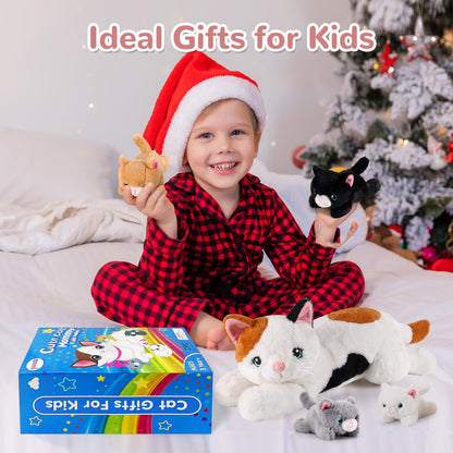 gnomantic 5 Pieces Cat Stuffed Animals with Babies Inside Belly - 1 Mommy Stuffed Cat with 4 Kittens - Stuffed Kitty Plush Toys for Kids Age 3-8, Gifts Ideal for Christmas, Valentine's, Birthday