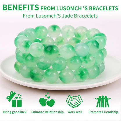 Handmade Natural Jade Beaded Bracelet for Women & Men – Genuine Green/White Jade Gemstone Stretch Bracelet – Lucky Energy Healing Jewelry Gift for Peace, Prosperity & Protection GG