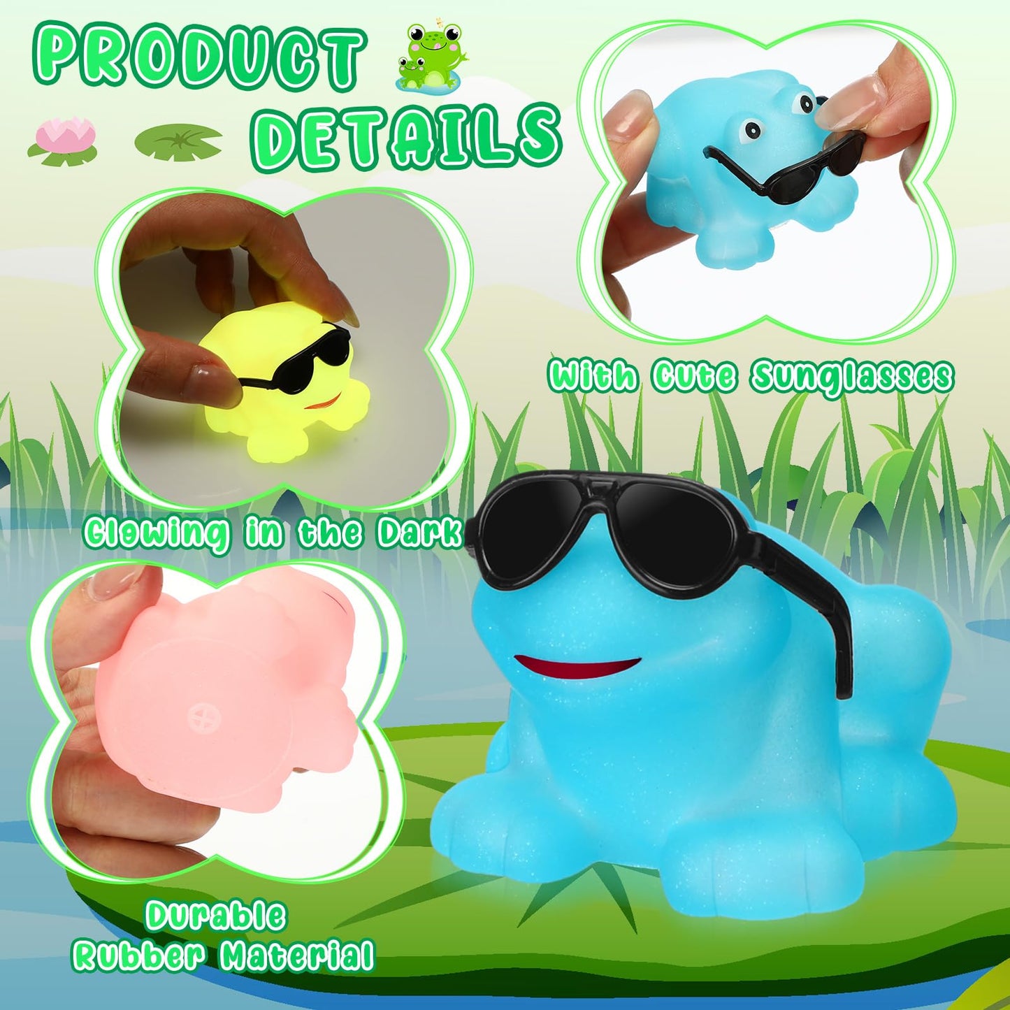 Halloscume 24 Pack Glow in The Dark Rubber Frog Toys for Kids, Floating Squeaky Bath Toys Bulk, Cute Mini Rubber Frogs with Sunglasses, Luminous Party Favors, Birthday Goodie Bag Stuffers for Toddlers