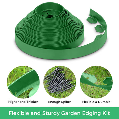 2-Inch x 33 FT Landscape Edging Border with 50 Spikes, Garden Edging Lawn Edging Border Kit, Plastic Edging Border Flexible for Garden Flower Beds Lawn Yard Pathway (Green)
