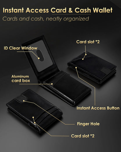 QLD Wallet for Men - RFID Blocking [Functional & Practical] Bifold Slim Minimalist Credit Card Holder Pop Up Metal Case with Cash Slot, Front Pocket with ID Window, Gift Boxed (BLACK)