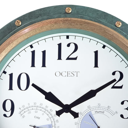 OCEST 16 Inch Indoor Outdoor Clock, Waterproof Wall Clock with Thermometer Hygrometer, Silent Non-Ticking Battery Operated Decor for Home Decor, Patio(Retro Green)
