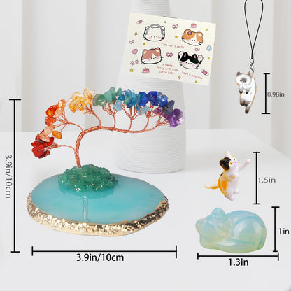 Dreamgirnh Opal Cat Chakra Crystal Tree and Healing Stones Cute Sleeping Cat Statue Lucky Kitten Figurine Office Bedroom Home Desk Fairy Garden Decoration Cat Lovers Gifts for Women (Opal)