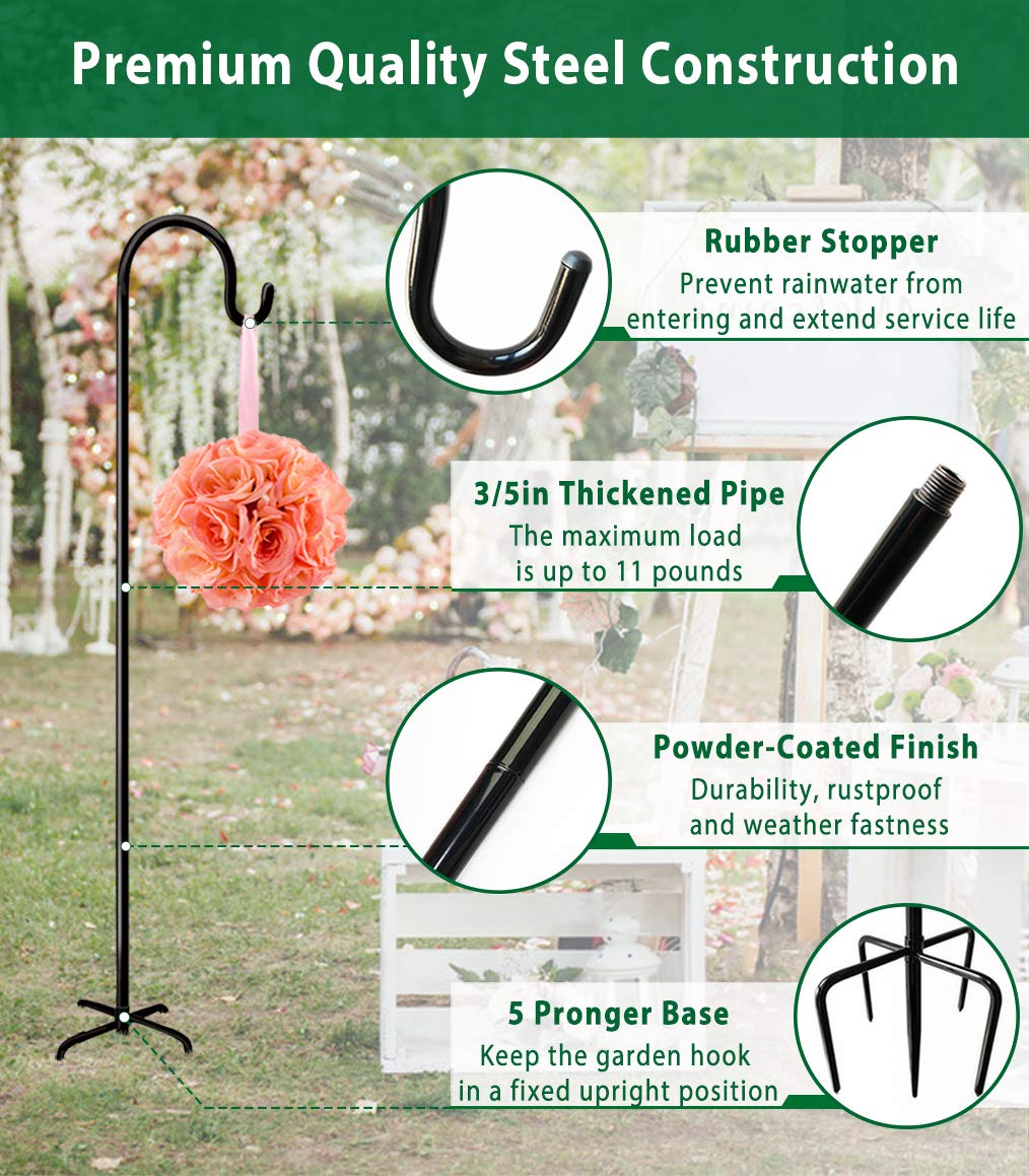 Artibear Adjustable Outdoor Shepherd Hook Stand with 5 Prong Base, 92 Inches Tall 3/5 in Thick, Shiny Black (2 Packs)