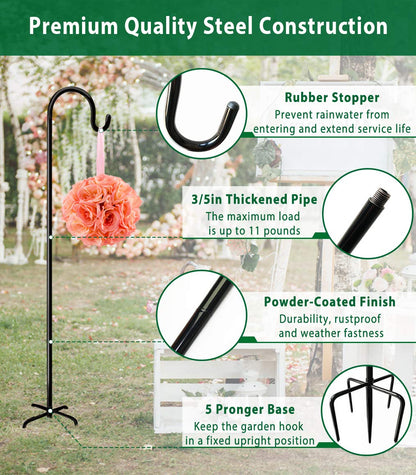 Artibear Adjustable Outdoor Shepherd Hook Stand with 5 Prong Base, 92 Inches Tall 3/5 in Thick, Shiny Black (2 Packs)