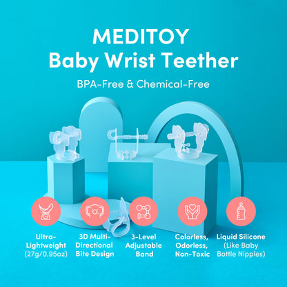 MEDITOY Premium Baby Hand Teether – Soft & Hygienic Soothing Aid for Teething Discomfort in Babies 3-12 Months, BPA-Free LSR Silicone, Adjustable Wristband, Easy to Clean, Made in Korea