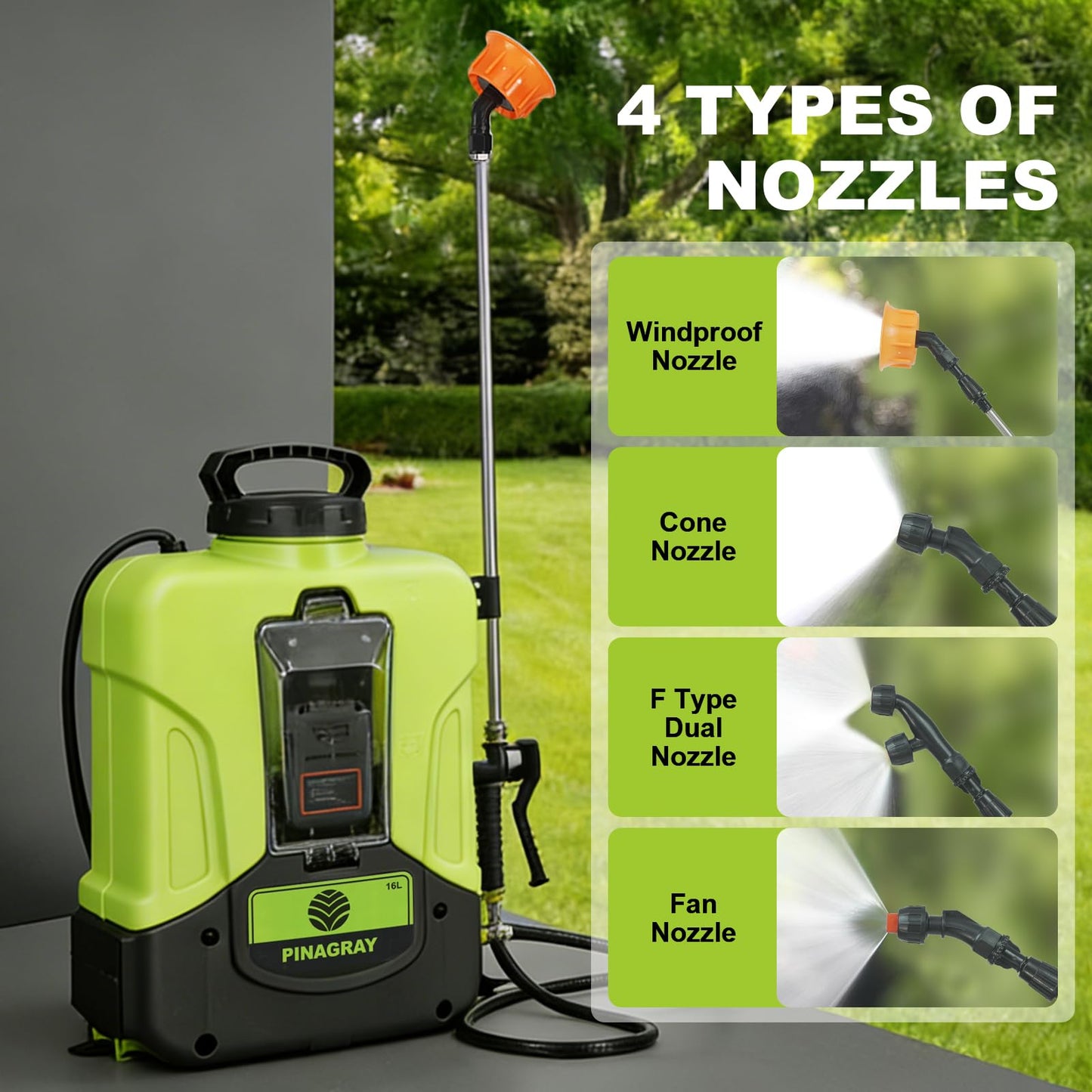 PinaGray 4.2Gal Upgrade Backpack Sprayer with Detachable Battery, 0-100 PSI Adjustable Electric Backpack Sprayer, 100+ Gal Per Charge, Long Range Sprayer for Large Yards