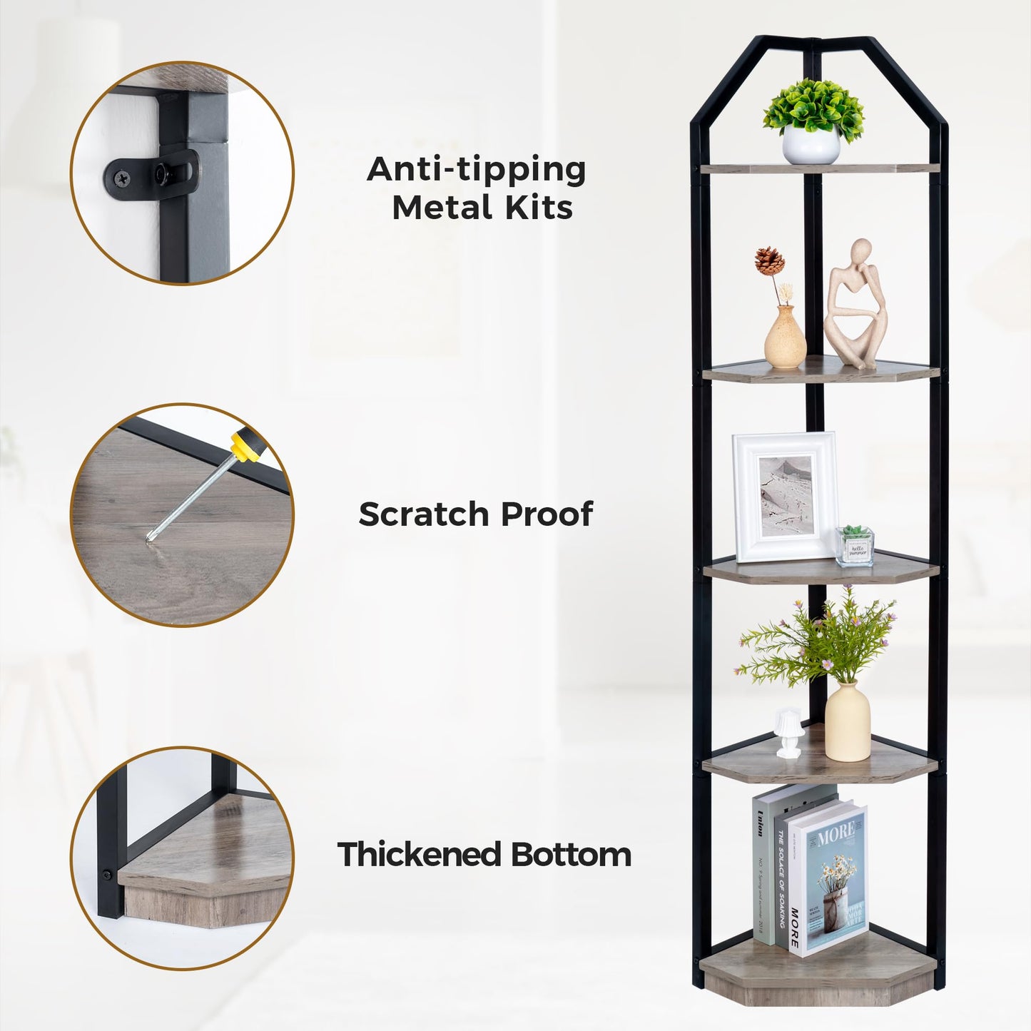 Fun Memories 5 Tier Corner Shelf, 70” Corner Shelf Stand, Corner Bookshelf Plant Stand, Storage Shelf for Bathroom, Living Room, Kitchen,Grey Home Office, Grey
