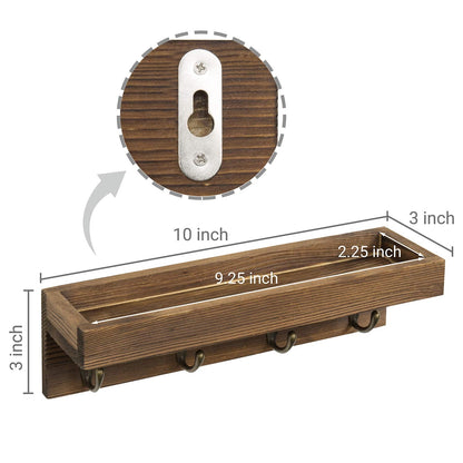 MyGift 10 Inch Floating Wall Shelf with Hooks, Dark Brown Wood Entryway Storage Shelf with 4 Metal Key Hooks