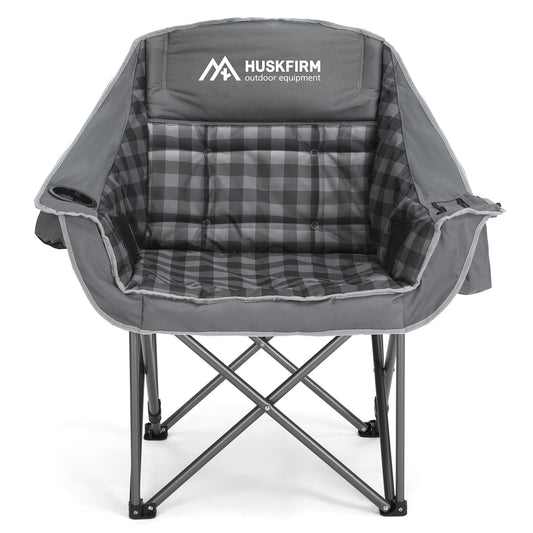 Huskfirm Oversized Camping Chair Padded Camping Chairs Heavy-Duty Foldable Camping Chairs with Cup Holder and Cooler Bag Portable Lawn Chair for Sports Outdoors-Support 450LBS, Grey