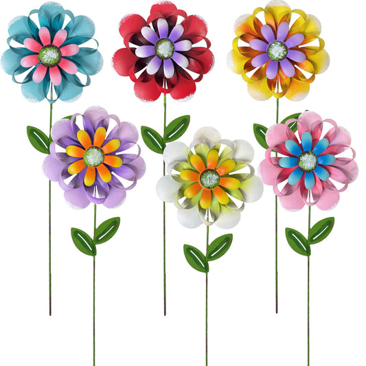 Metal Flower Garden Stakes, 6 Pc. Set, Large Colorful Decorative Landscape and Gardening Outdoor Decor, Lawn and Yard Ornament, Rust and Weather Resistant