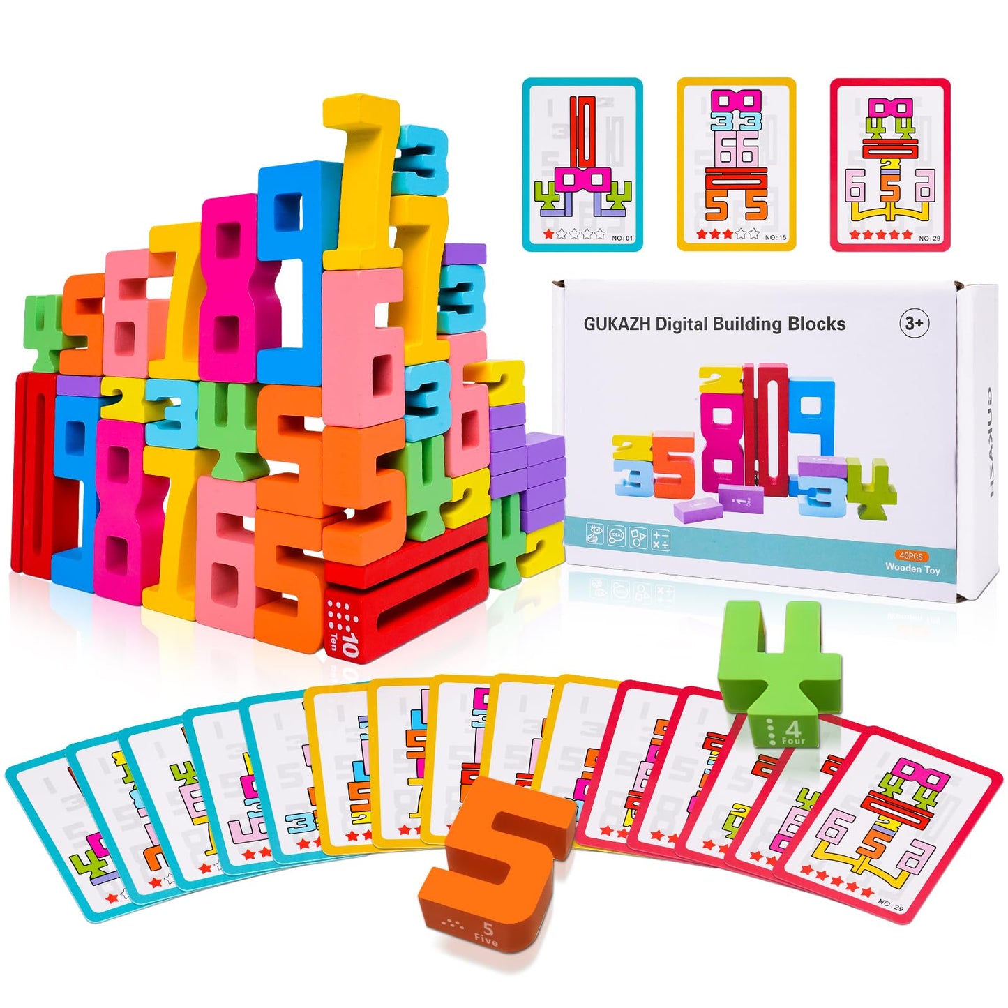 GUKAZH Educational Toys 40PCS Wooden Number Building Blocks Stacking Toys for Kids, Math Learning Tool Digital Building Blocks 1-10, Birthday Christmas Halloween Party Favors for Boys Girls