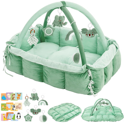 5-in-1 Baby Play Gym and Tummy Time Mat, 12 Learning Cards, Plush Activity Mat with 6 Toys, Baby Gym, Convertible to Ball Pit, Baby Gift, Sage Green