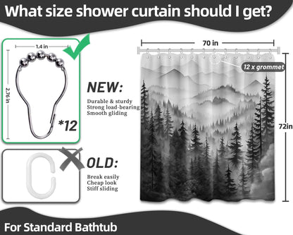 QGHOT Mountain Shower Curtain Black and White Forest Nature Shower Curtains for Mens Bathroom Charcoal Grey Rustic Woodland Pine Tree Cool Bath Decor Sets, Waterproof Fabric with Hooks, 70x72in