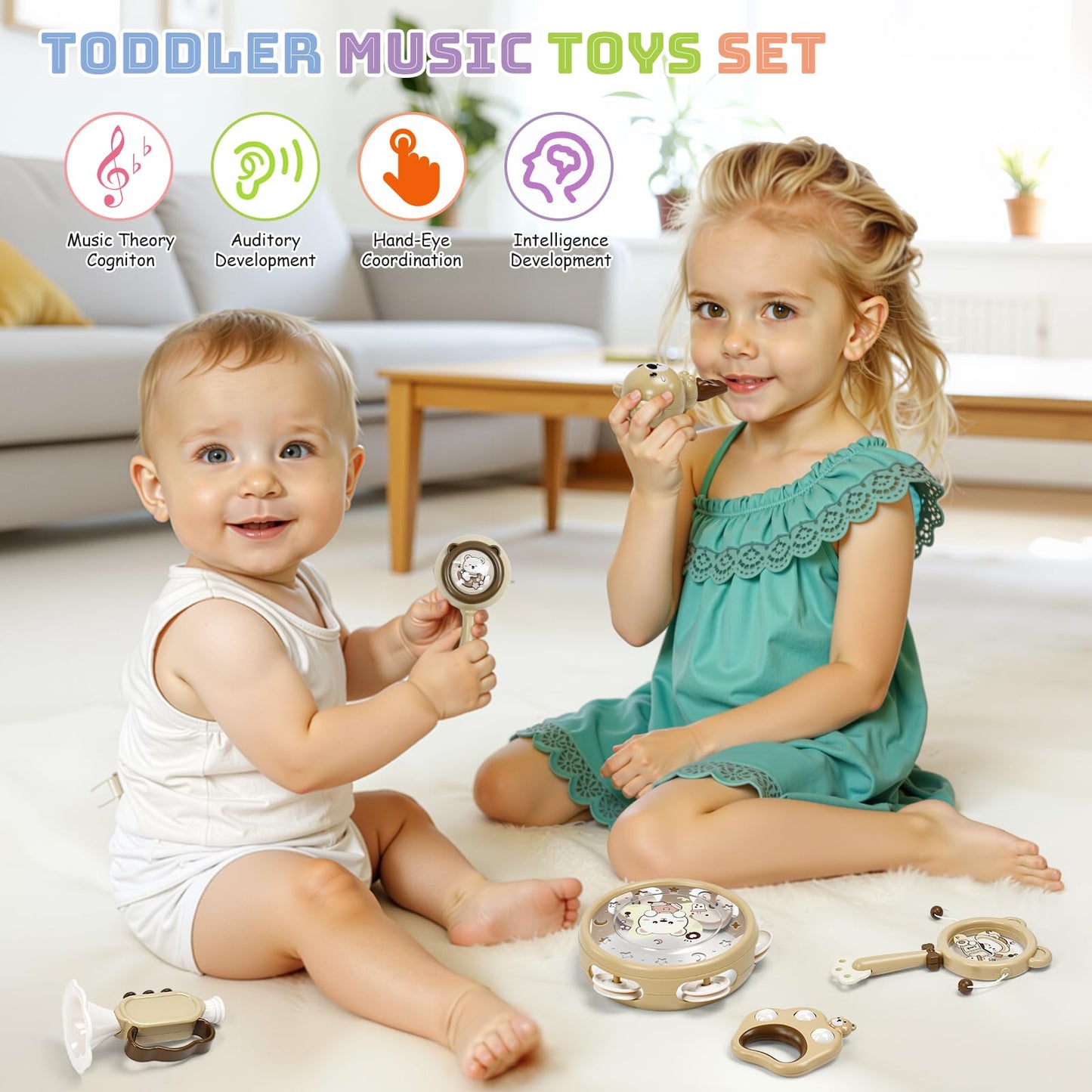 Baby Musical Toys for Toddlers 1-3: 6pcs Montessori Kids Musical Instruments Infant Baby Teething Toy with Rattle & Tambourine for Preschool Learning Birthday for Boys Girls