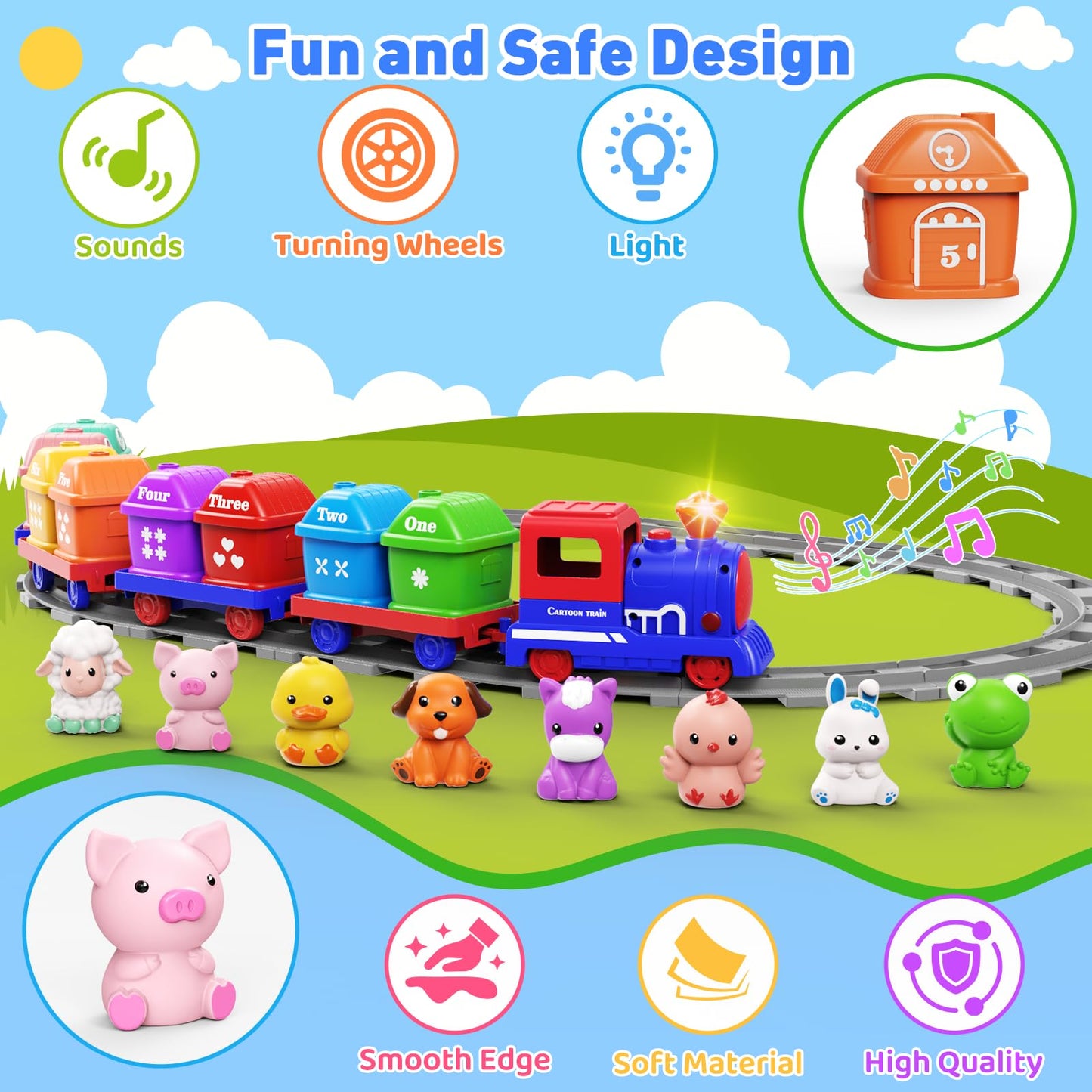 Cmiolacuna Train Set for Toddlers 2-4, Electric Toy Train with Farm Animals & Music & Lights, Montessori Counting & Sorting Learning Toys for 1 2 3 Year Old Boys Girls, Christmas Easter Birthday Gift
