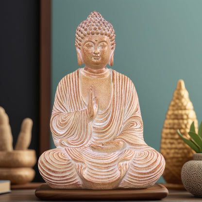 Swaite Zen Buddha Statue - Hand Carved Wood Grain Resin Meditation Decor, Feng Shui Ornament for Living Room Desk, Spiritual Space Zen Garden Decoration (Housewarming Gift/Mindfulness Aid, 7.87inch)
