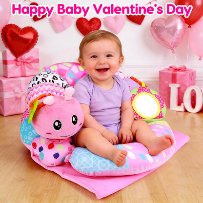 2 in 1 Baby Tummy Time Mat & Support Seated Pillow Infant Newborn Toys 0 1 2 3 4 5 6 Months Pink Caterpillar Sensory Developmental Playmat 0-6 3-6 12 Month Mirror Babies Girls Shower Easter Gifts