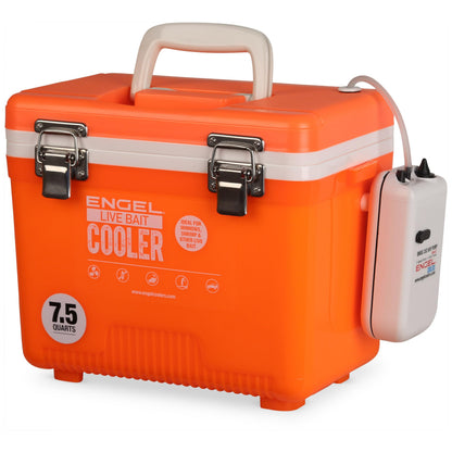 Engel 7.5qt Live Bait Cooler Box with 2nd Gen 2-Speed Aerator Pump - Portable Fishing Station & Minnow Bucket for Shrimp & Other Live Fish with Aerator - ENGLBC7-N-OHV in Orange High-Visibility