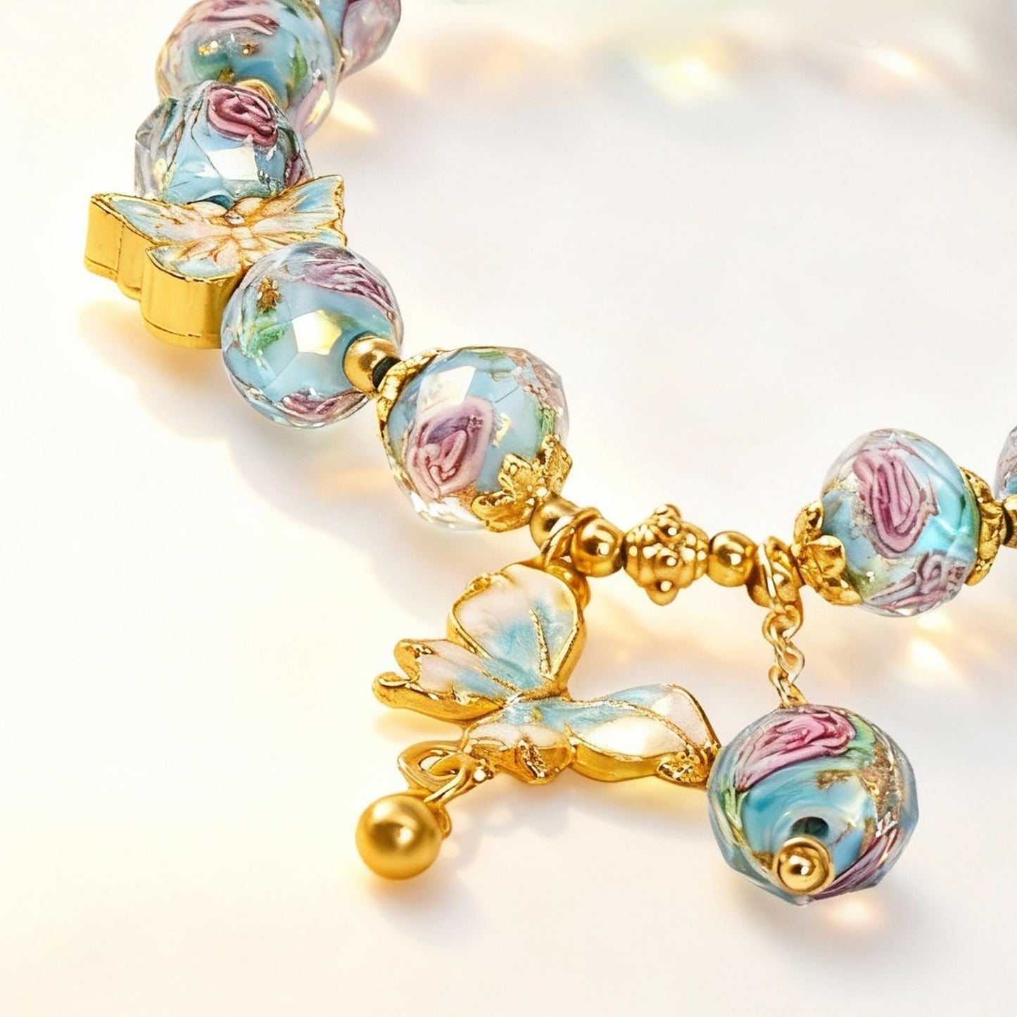 Buddha Stones Blue Butterfly Charm Bracelet for Women, Liuli Flower Healing Bracelet with 8mm Floral Beads, Pastel Stretch Bracelets Jewelry Gifts for Her Mother