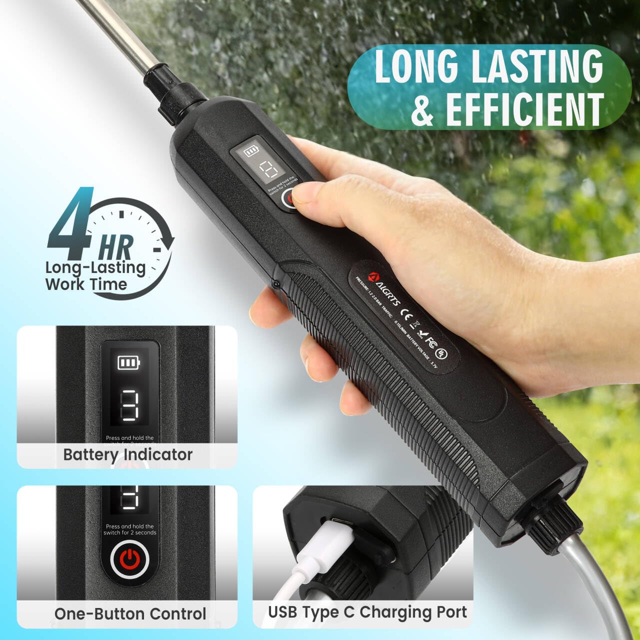 Battery Powered Sprayer 2 Gallon, 7.4V Powerful Electric Garden Sprayer, Rechargeable Weed Yard Lawn Sprayers with 4 Mist Nozzles, Retractable Wand, Adjustable Shoulder Strap