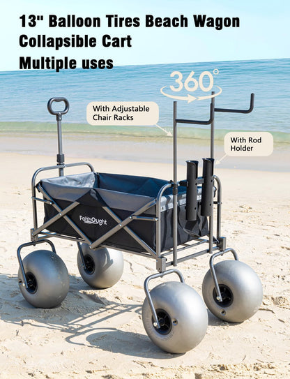 13" Balloon Bubble Wheel Beach Cart Collapsible Wagon with Big Fat All Terrain Inflatable Air Tire, Large Outdoor Wagon & Fishing Cart with Balloon Tire, Dolly with Big Wheels for Sand Camping (Black)