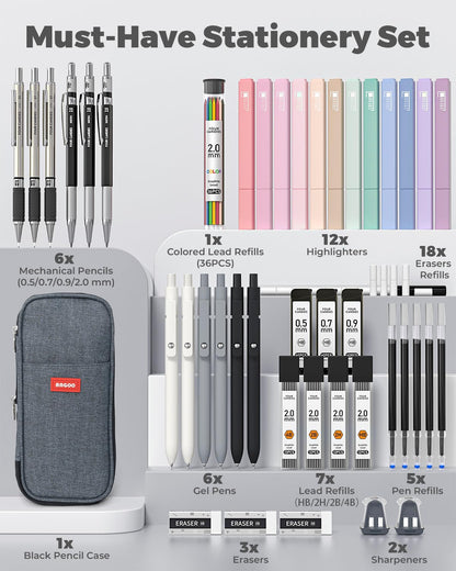 Four Candies 45 PCS School Supplies with Pen Case, 12 Pastel Highlighters, 6 Black Ink Gel Pens, 6 Mechanical Pencils Set for Students Stationary College Essentials (Black)
