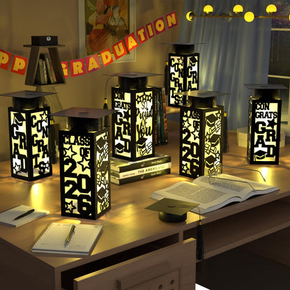 6 Pcs Graduation Table Centerpieces Boxes Class of 2026 Graduation Paper Lanterns Boxes with LED Hollow Out Black for Congrats Grad School College Table Decorations Grad Party Photo Props