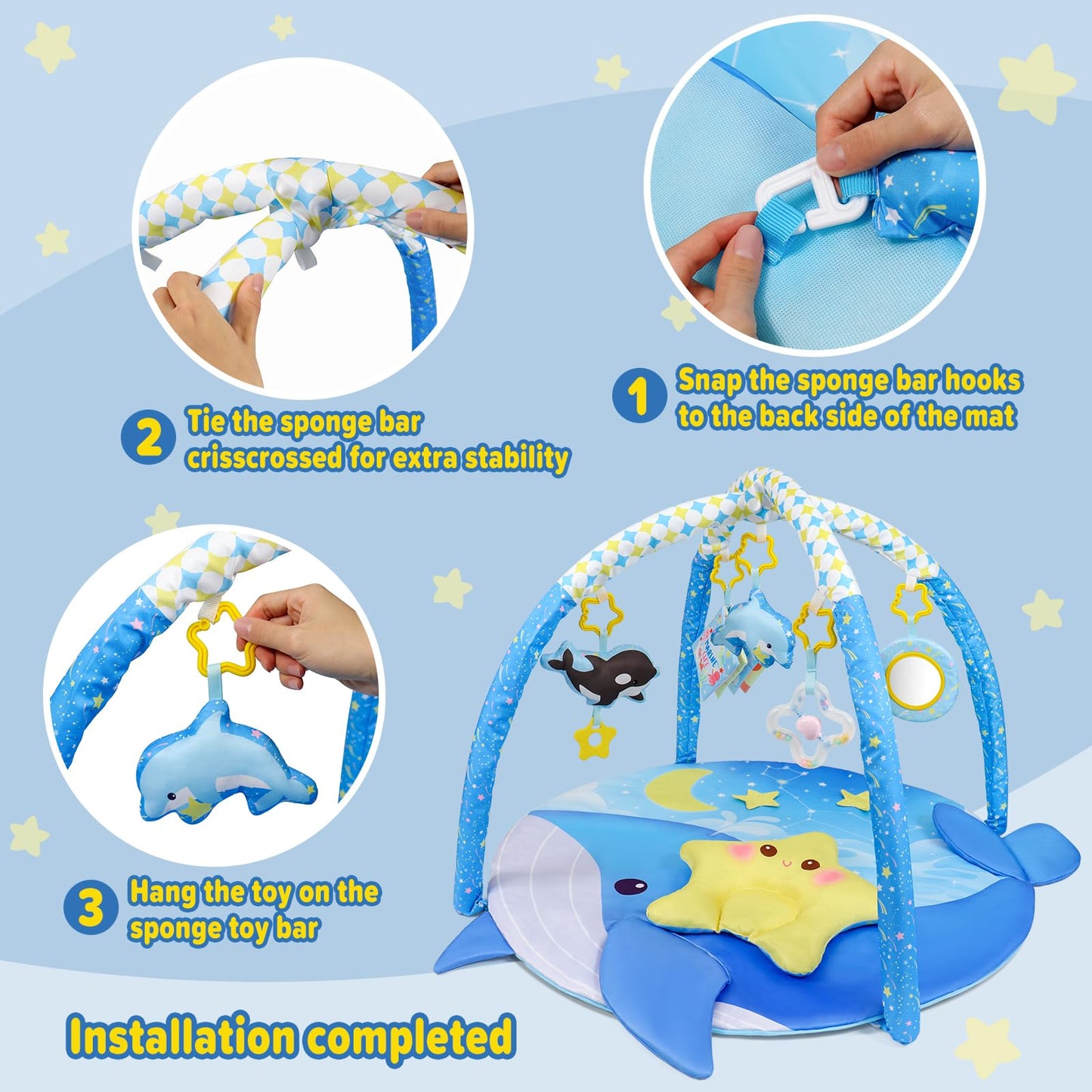 Dr.Rapeti 31x31inch Baby Play Mat, Activity Baby Play Gym with Arch, Playmats & Floor Gyms, Detachable Mirror and Squeaky Soft Set, Thick Non-Toxic Playmats