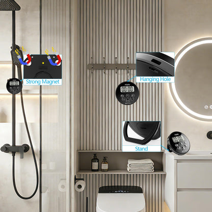 FCXJTU Digital Waterproof Shower Clock Timer, Bathroom Shower Countdown Timer with Alarm, Magnetic Back, Stand for Kitchen Cooking Dark Black