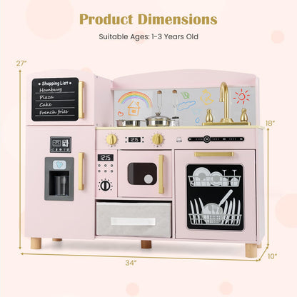 INFANS Kids Kitchen Playset, Toddler Wooden Pretend Cooking Toy Set with Acrylic Drawing Board Ice Machine Dishwasher Cloth Drawer Stove Removable Sink Simulation Play Kitchen for Boys Girls