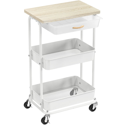 Simple Houseware 3-Tier Rolling Utility Cart with Drawer & Wood Tabletop - Mobile Sofa Side Table, Nightstand, Slim Storage Organizer Trolley for Bedroom, Bathroom, Office & Art Supplies, Maple