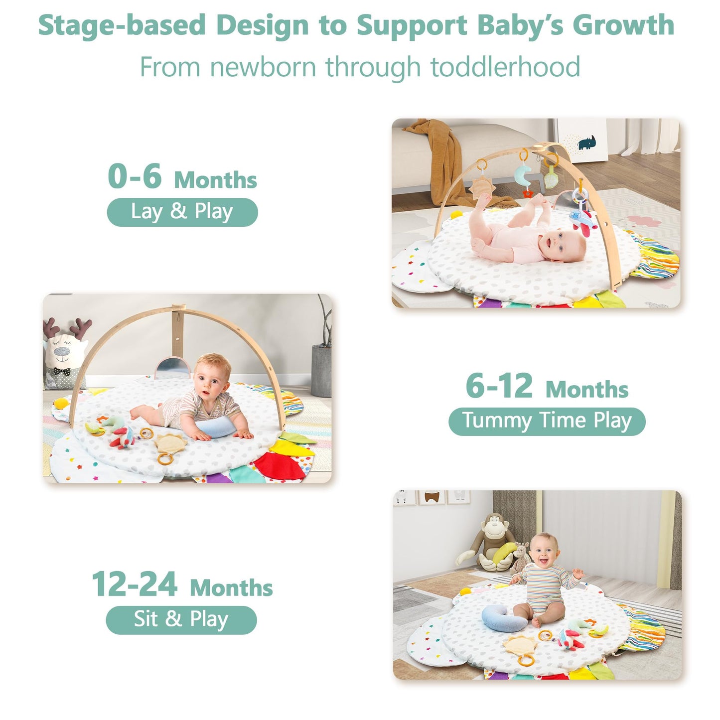 Wooden Baby Activity Gym with Detachable Sensory Toys | Montessori Developmental Play Gym for Infants | Wooden Frame Baby Toy | Foldable Baby Gym