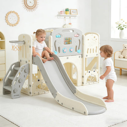 SENCHO GINSYTALIOR 11-in-1 Multi-Activity Toddler Playset with Slide, Basketball Hoop & Telescope - Indoor/Outdoor Playground (Gray+Beige)