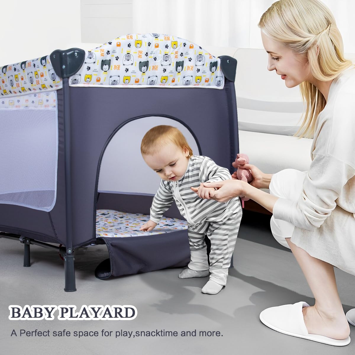4 in 1 Pack and Play,Portable Nursery Center Baby Playard with Bassinet &Changing Table,Foldable Baby Crib Travel Playpen with Wheels,Removable Canopy with Toys,Storage Bag (Grey)