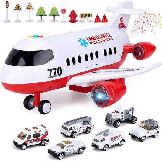 Acksonse Airplane Toy Kids Plane 15 Inches Large with Light and Sound for 3 4 5 6 7 Year Old Boys Girls Toddlers, Ambulance Aircraft Toy Vehicle Play Set with Traffic Signs and 6 Rescue Trucks