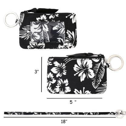 WONDERFUL FLOWER Lanyard Wallet for Women, ID Card Holder, Lanyards for ID Badges, Floral Zip ID Case Keychain Small Coin Purse Cards, Cash, Work, Travel, Cruise, Teachers, Students, Kids, Black White