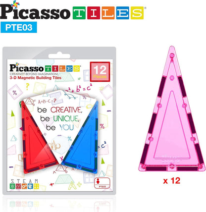 PicassoTiles 12pcs Magnetic Building Block Set Isosceles Triangle Magnet Tiles Construction Toy STEM Learning Kit Educational Playboard Prek Pretend Play Stacking Blocks Child Brain Development PTE03