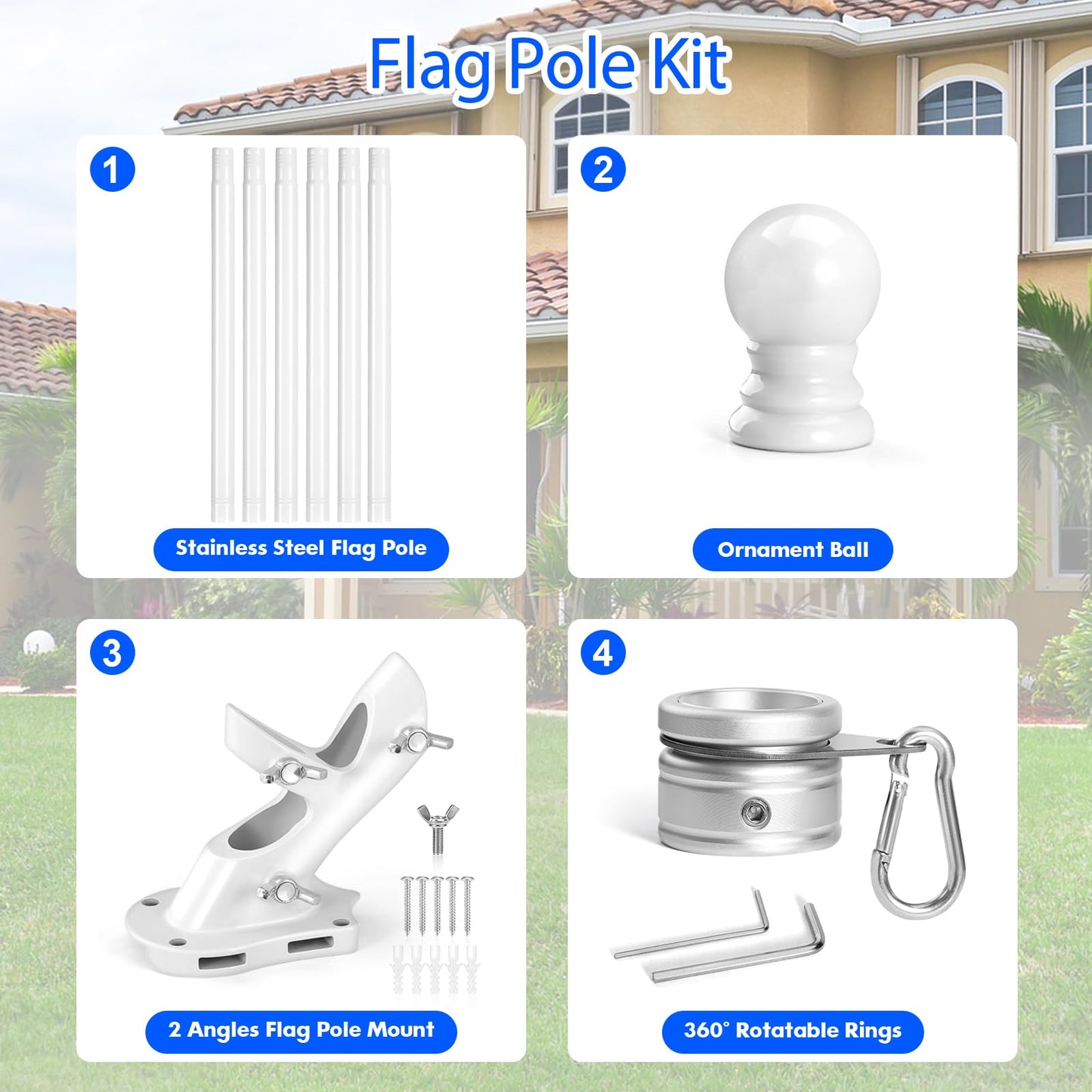 Anovo Flag Pole Kit- Upgraded Holder, Stainless Steel 7 FT Flag Poles with1 Inch Metal 360° Rotating Flag Pole Rings Two-Position Flag Pole Bracket Mounting for Outside House Porch (7 FT - White)