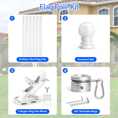 Anovo Flag Pole Kit- Upgraded Holder, Stainless Steel 7 FT Flag Poles with1 Inch Metal 360° Rotating Flag Pole Rings Two-Position Flag Pole Bracket Mounting for Outside House Porch (7 FT - White)