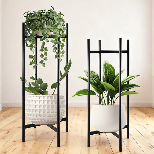 XYCCRX 2 Tier Metal Plant Stand Set of 2, Tall Indoor Plant Stands for Home Room, Corner Flower Pot Holder Rack for Patio Balcony Garden, Modern Planter Shelf for Large Small Potted Plants, Black